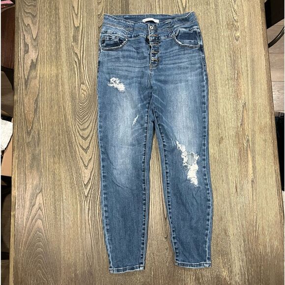 KanCan Denim - KanCan Super High Rise Dark Destructed Curvy Button Fly Skinny Jeans Size 29